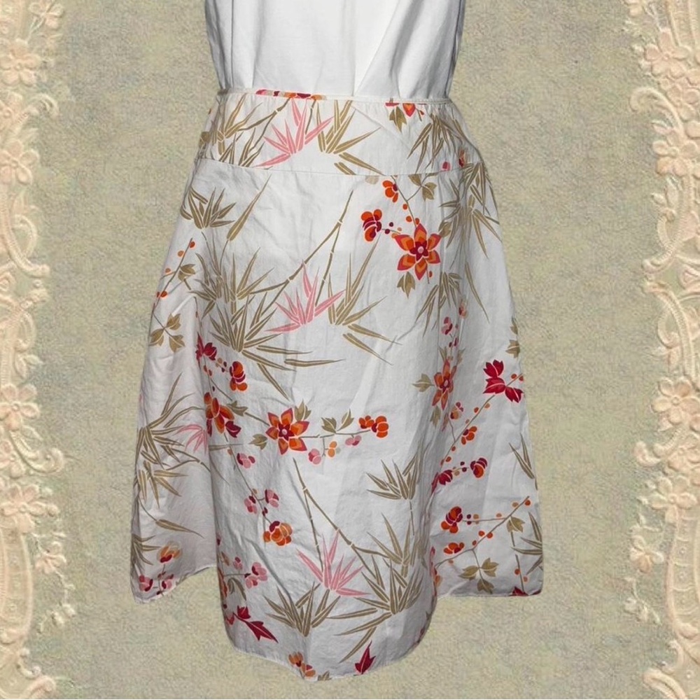 New York & Company White A-Line Skirt with Floral and Bamboo Print